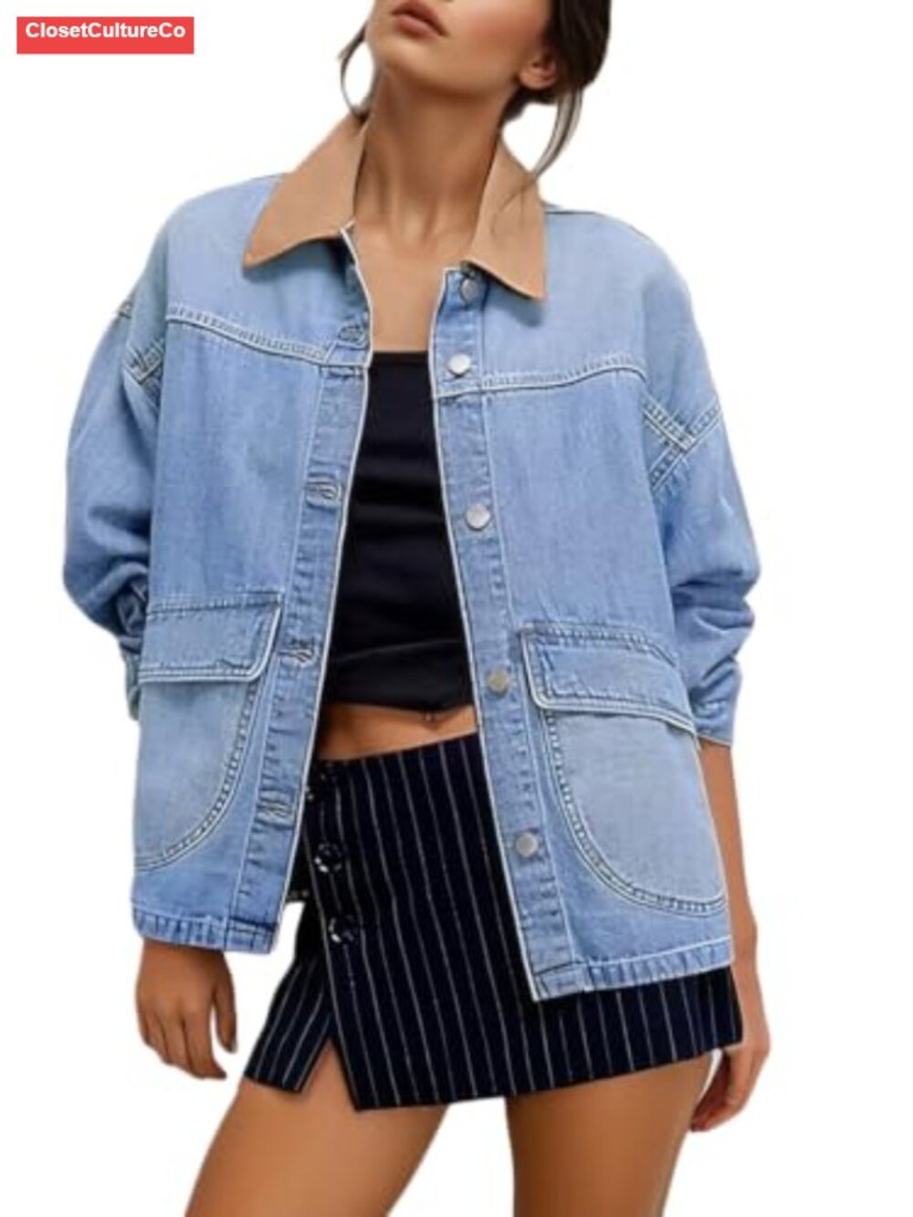 Oversized Denim Jacket Button Down Boyfriend Fit Cotton Blend
